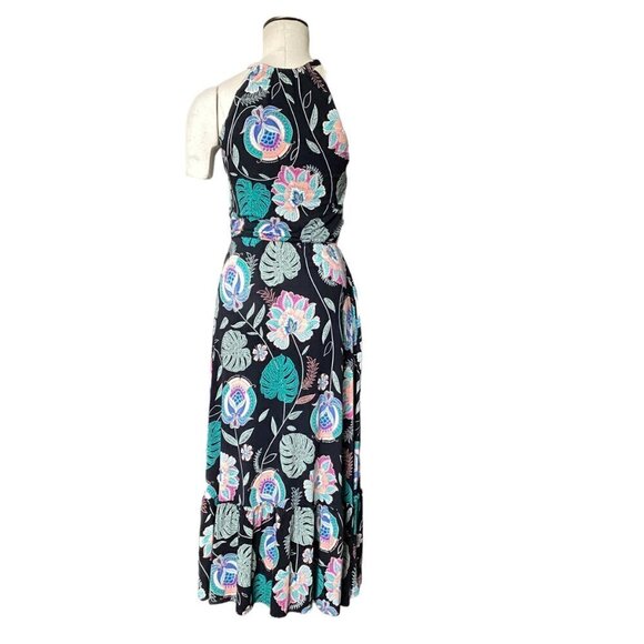 Cynthia Rowley Black Floral Halter Midi Dress Pockets Ruffle Hem Sz S #196i - Picture 5 of 7